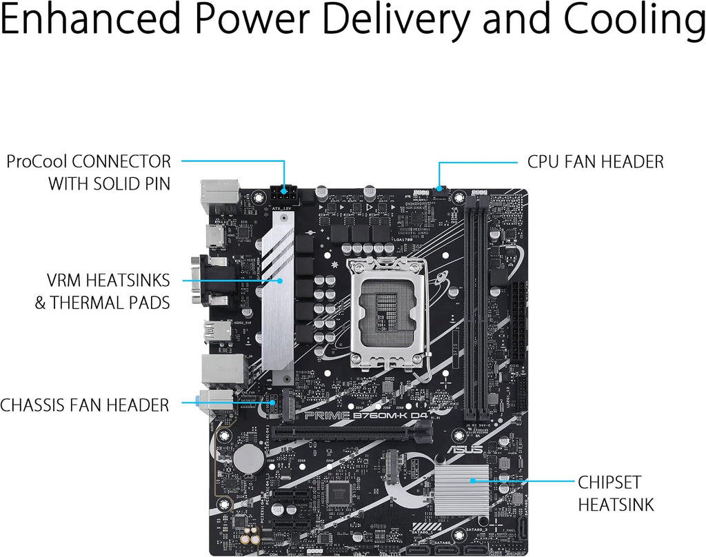 ASUS Prime B760M-K D4 Intel® B760 (LGA 1700)(13th and 12th Gen) mATX Motherboard, PCIe 4.0, Two PCIe 4.0 M.2 Slots, DDR4, Realtek 2.5Gb Ethernet, HDMI®, SATA 6 Gbps, Front USB 3.2 Gen 1, Aura Sync
