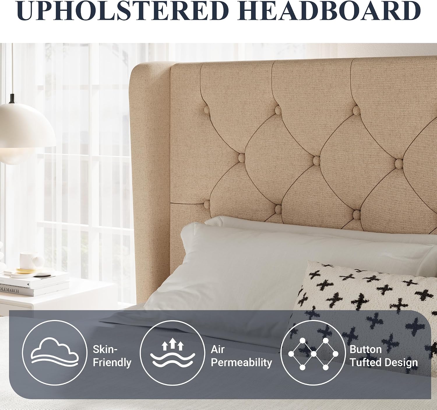 Allewie King Size Bed Frame with Button Tufted Wingback Headboard, Modern Upholstered Bed Frame with Solid Wooden Slats Support - No Box Spring Needed, Easy Assembly, Beige