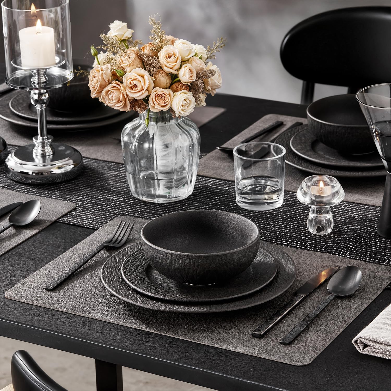 KINGSTONE Black Dinnerware Sets, 12-Piece Matte Marble Pattern Premium Porcelain, Place Setting with Dinner Plate, Salad Plate, Pasta Bowl, Microwave and Dishwasher Safe