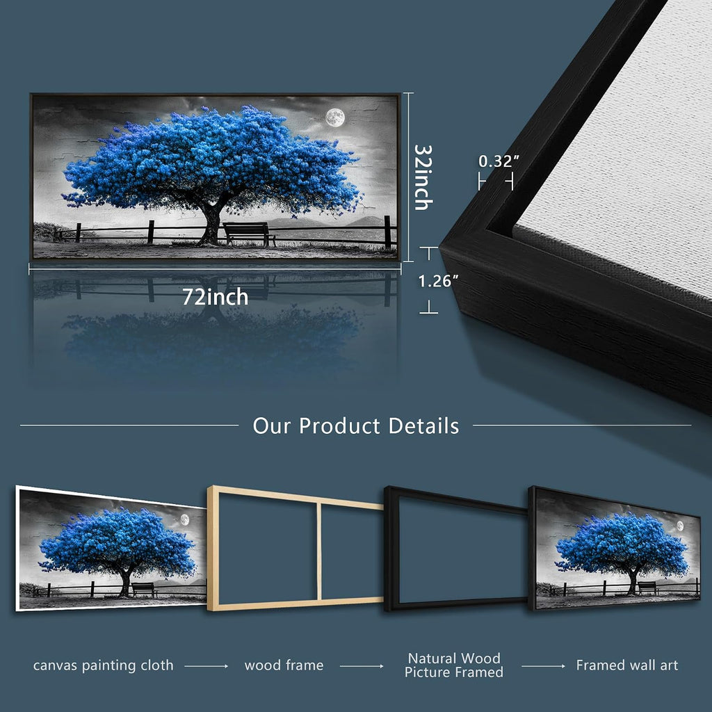 FUHAIHUA Canvas Wall Art For Living Room Large Wall Decor For Office Bedroom Decorations Black And White Landscape Pictures Blue Tree Painting Artwork Room Wall Mural Aesthetic Home Decor 32x72 In