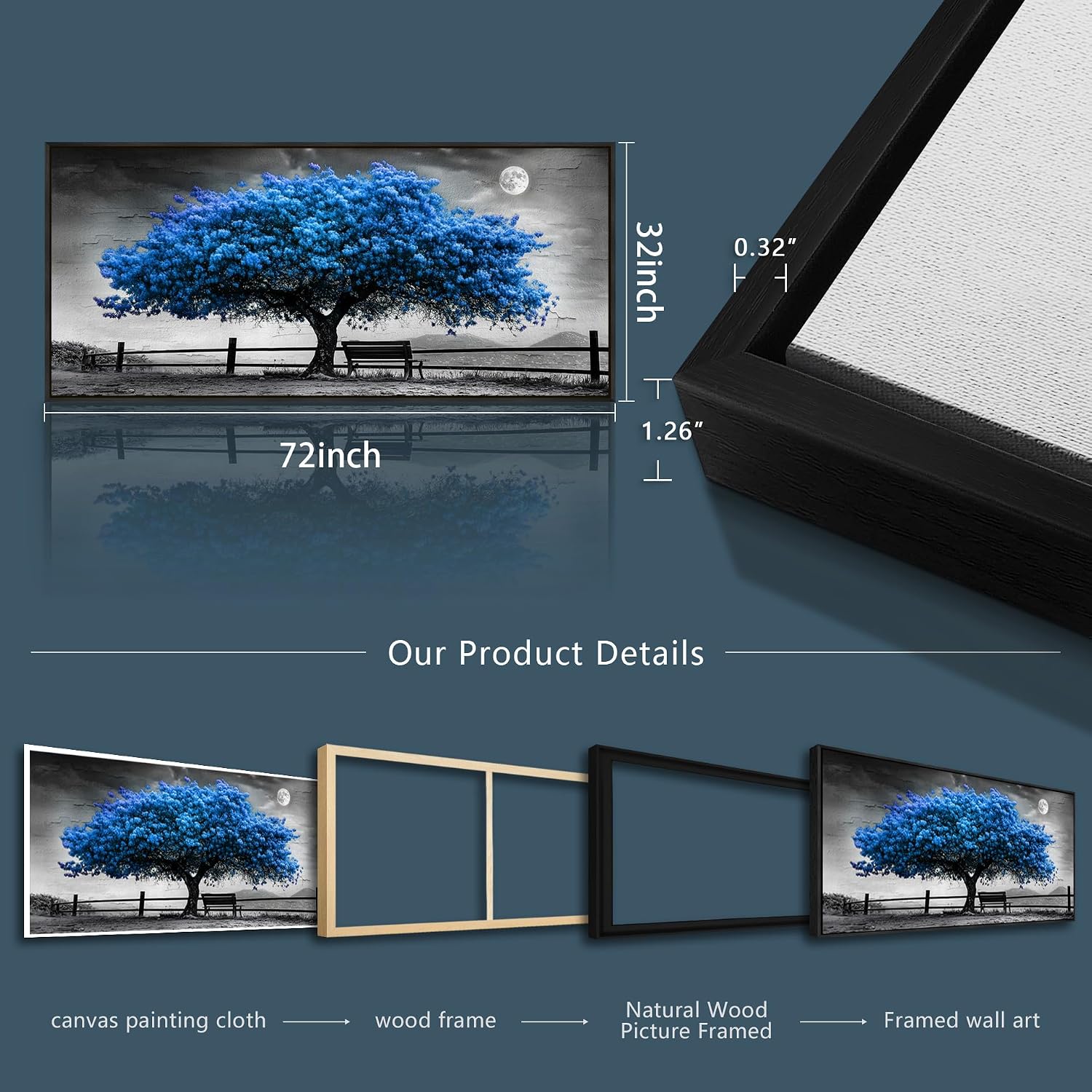 FUHAIHUA Canvas Wall Art For Living Room Large Wall Decor For Office Bedroom Decorations Black And White Landscape Pictures Blue Tree Painting Artwork Room Wall Mural Aesthetic Home Decor 32x72 In