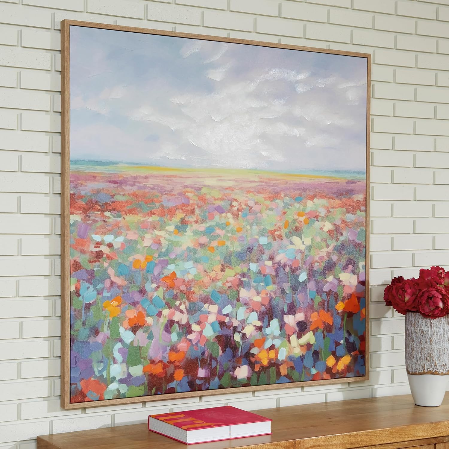 Signature Design by Ashley Sethford Classic Hand Painted Flower Wall Art 48 x 48 Inches, Blue & Orange