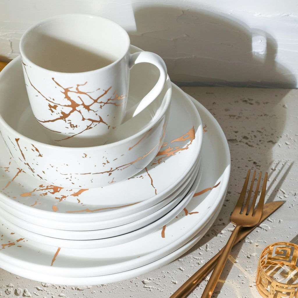 Stone Lain Porcelain 32 Piece Dinnerware set, 8 Full White Gold Splash Sets