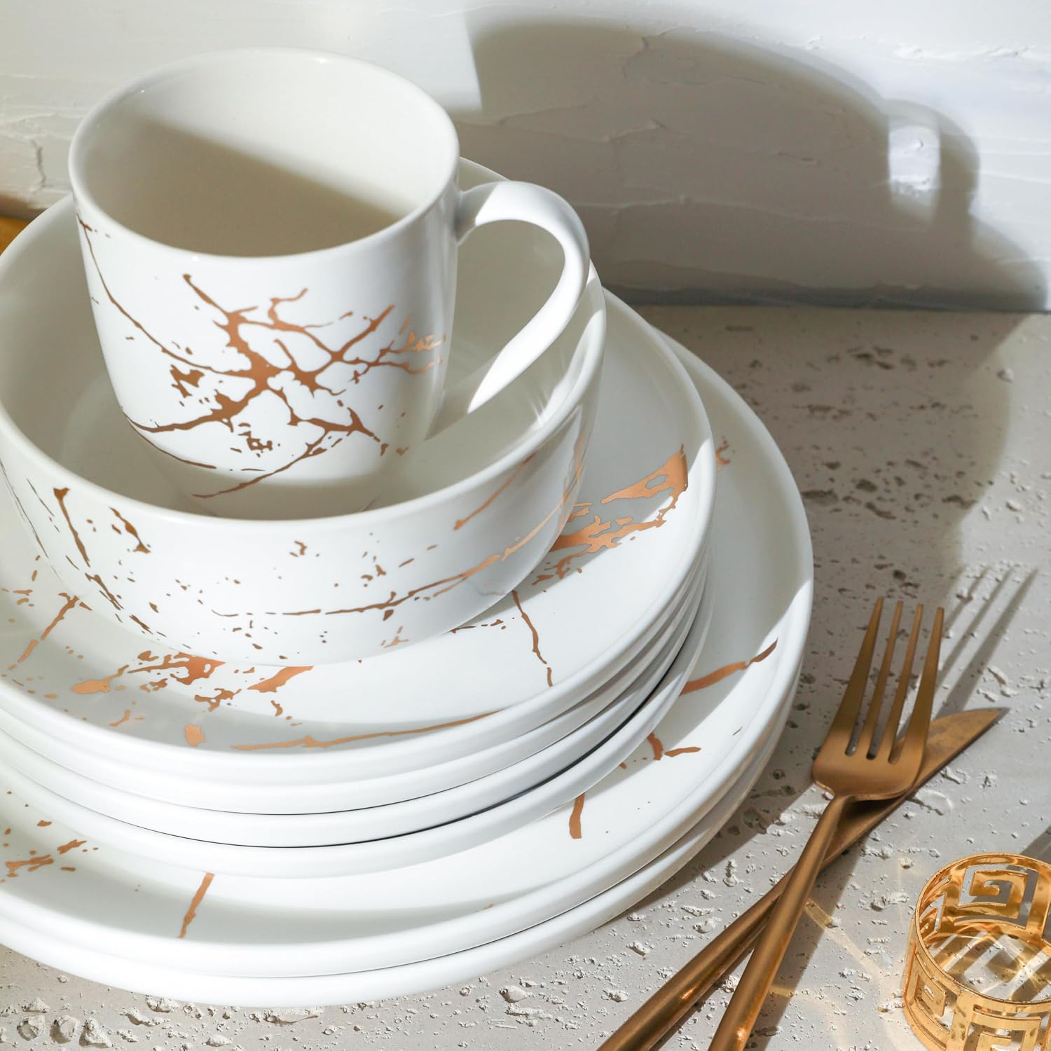 Stone Lain Porcelain 32 Piece Dinnerware set, 8 Full White Gold Splash Sets
