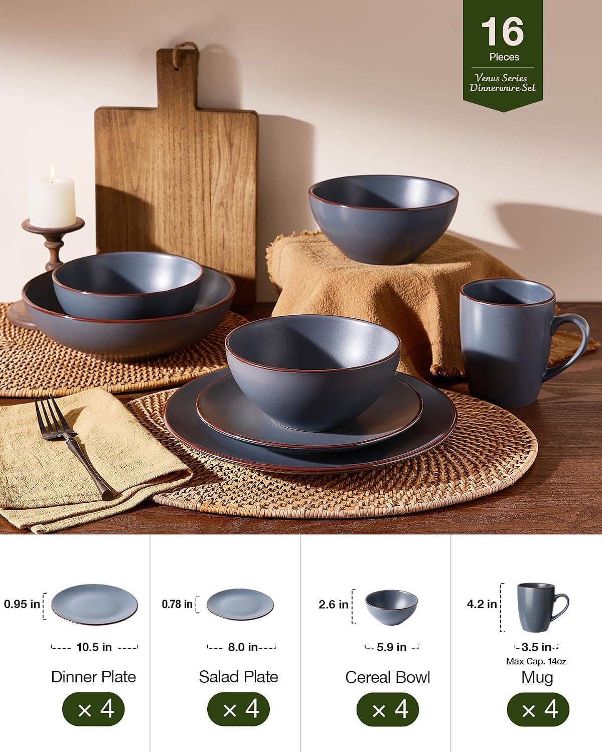 Famiware Venus 16-Piece Stoneware Dinnerware Sets with Mugs, Plates, Bowls, Service for 4, Matte Charcoal - Modern Ceramic Chip‑Resistant Dishes for Everyday & Formal Use, Microwave & Dishwasher Safe