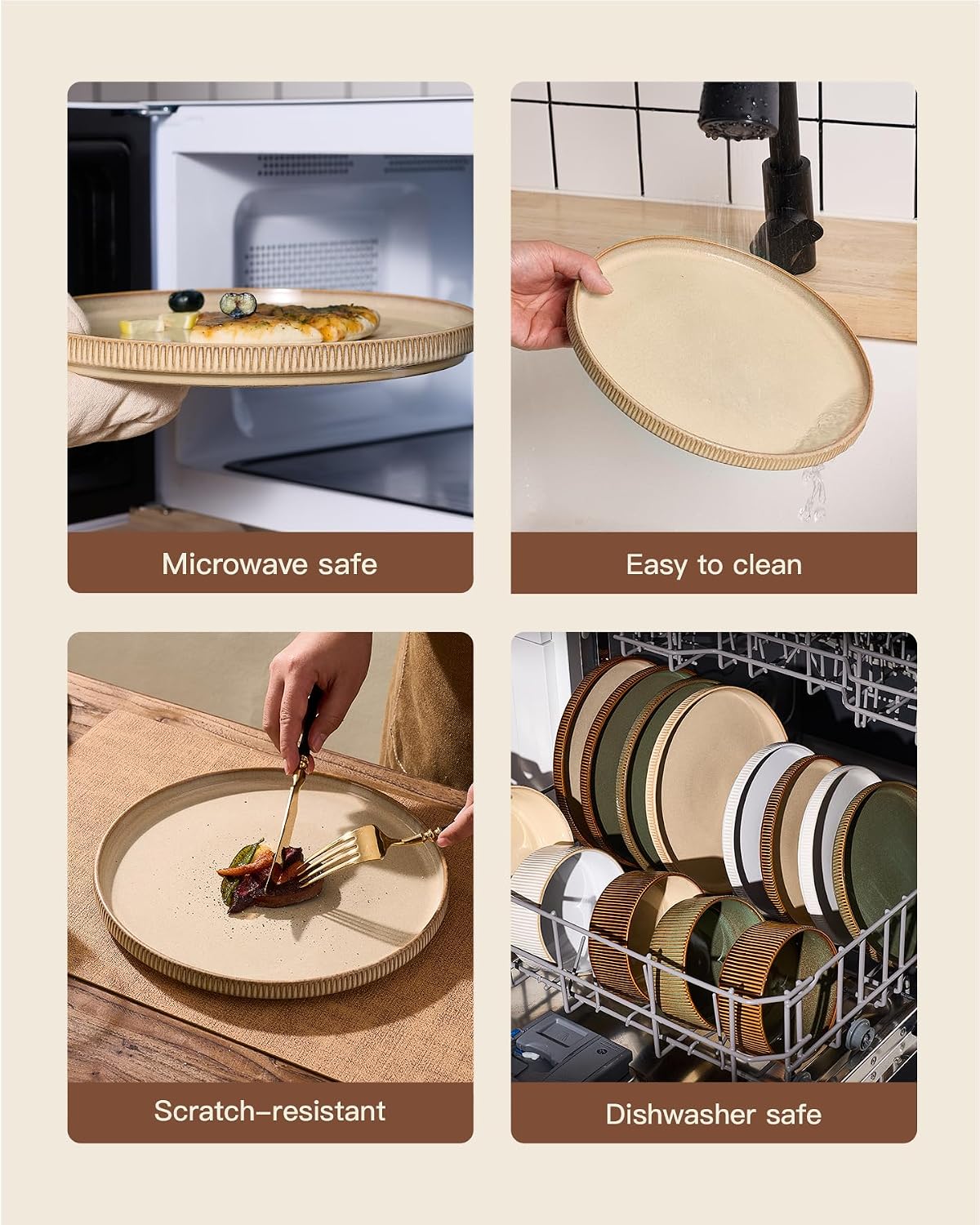 24-Piece Dinnerware Set Service for 8, Famiware Premium Stoneware Dish Set with Ribbed Plates and Deep Bowls, Double Reactive Glaze, Chip & Scratch Resistant, Microwave & Dishwasher Safe, Cream