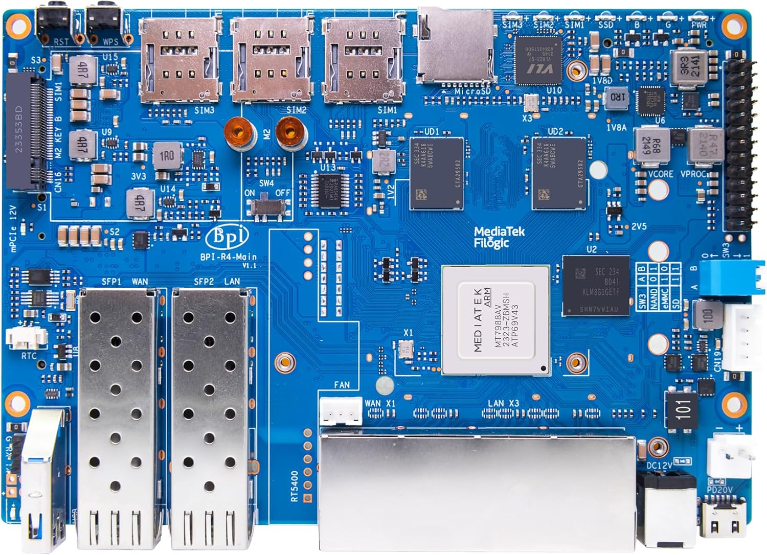 Banana Pi BPI-R4 WiFi 7 OpenWRT Wireless Dual-Band WiFi Router Board, MediaTek MT7988A (Filogic 880) SoC, 4G/5G Internet Router, 4X GbE and 2X 10GbE SFP for NAS Smart Home Gateway (8GB RAM Bundle3)