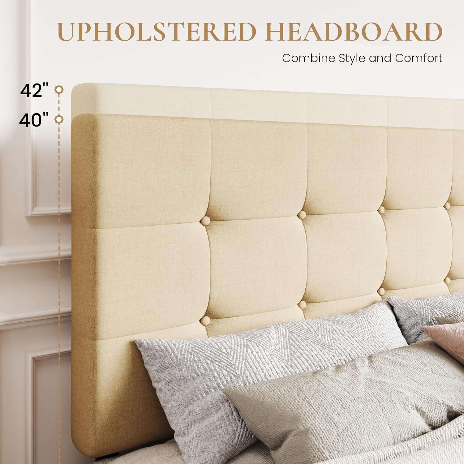 SHA CERLIN Upholstered King Size Platform Bed Frame with 4 Storage Drawers, Adjustable Headboard with Square Stitched Button Tufted Design, Wooden Slat Support, No Box Spring Needed, Beige