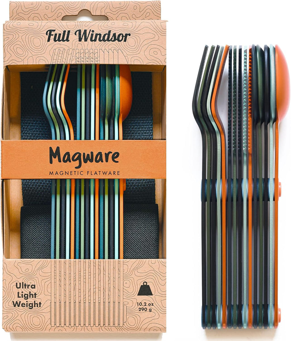 FULL WINDSOR - MAGWARE - Magnetic Camping Cutlery Set, Travel Utensils for Outdoor Cooking, Dining, & Camping, Knife, Fork & Spoon, Portable Silverware with Pouch - Multicolor (15 PCS)
