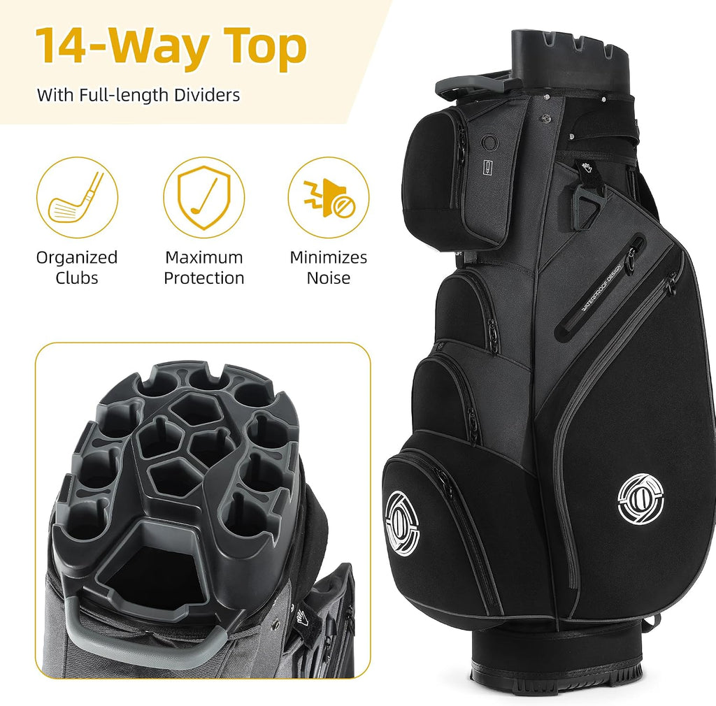 Shopsource Golf Cart Bag, 14 Way Molded Lock Top Club Bag with Full-Length Dividers, Upgrade 900D Oxford Silence Cart Bags for Men with Handles Ergonomic Strap, Stable Base