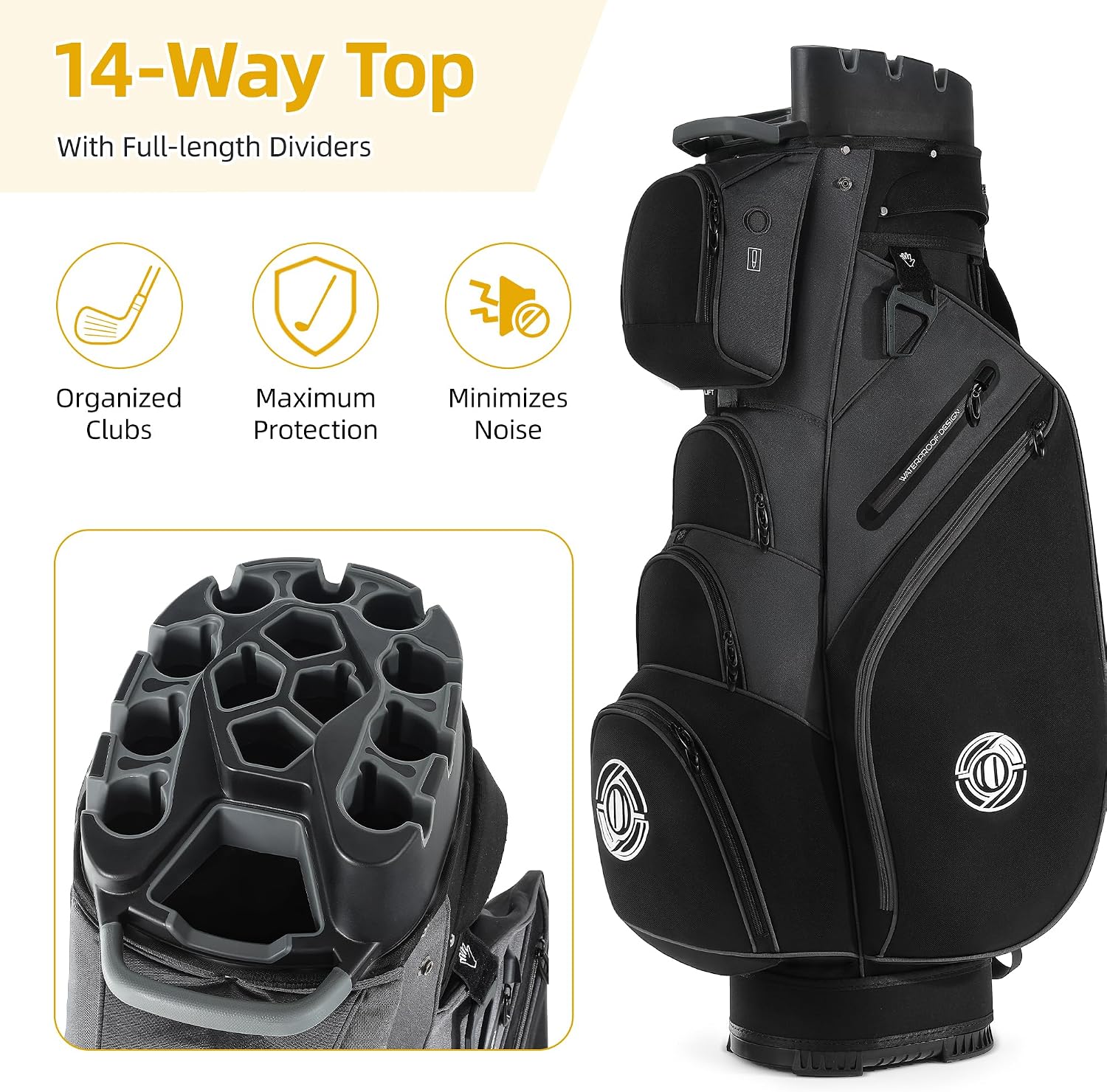 Shopsource Golf Cart Bag, 14 Way Molded Lock Top Club Bag with Full-Length Dividers, Upgrade 900D Oxford Silence Cart Bags for Men with Handles Ergonomic Strap, Stable Base