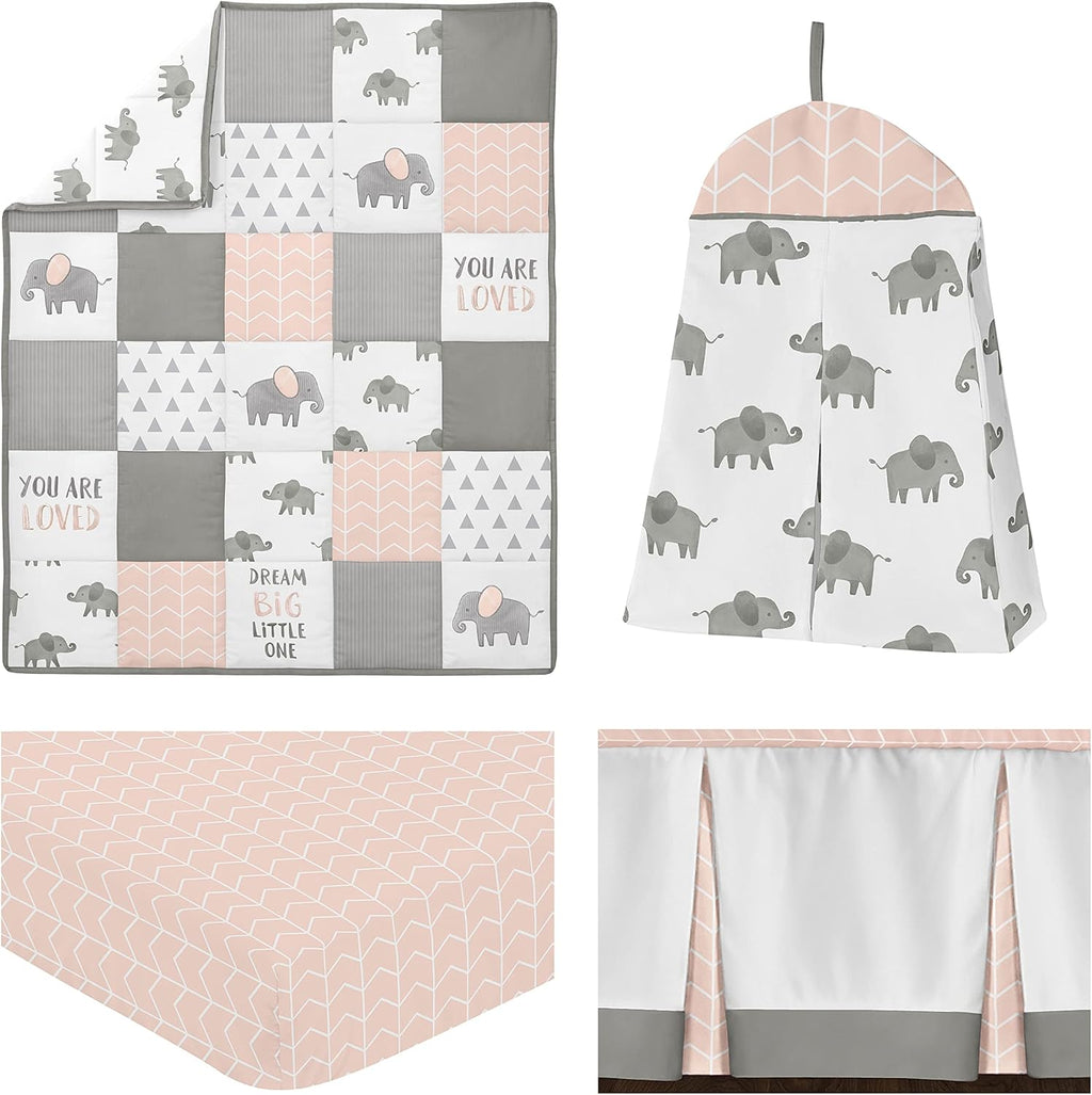 Sweet Jojo Designs Blush Pink, Grey and White Watercolor Elephant Safari Baby Girl Crib Bedding Set - 4 Pieces