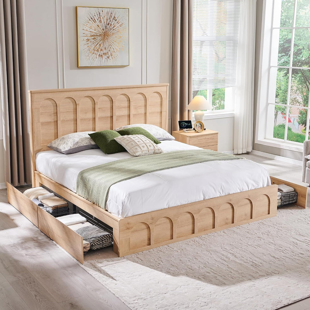 ACCOHOHO Modern King Size Bed Frame with 4 Drawers, 51' Tall Arched Recessed Headboard, Solid Wood Slats Support, Noise Free, No Box Spring Needed, Wood Platform, Natural Oak