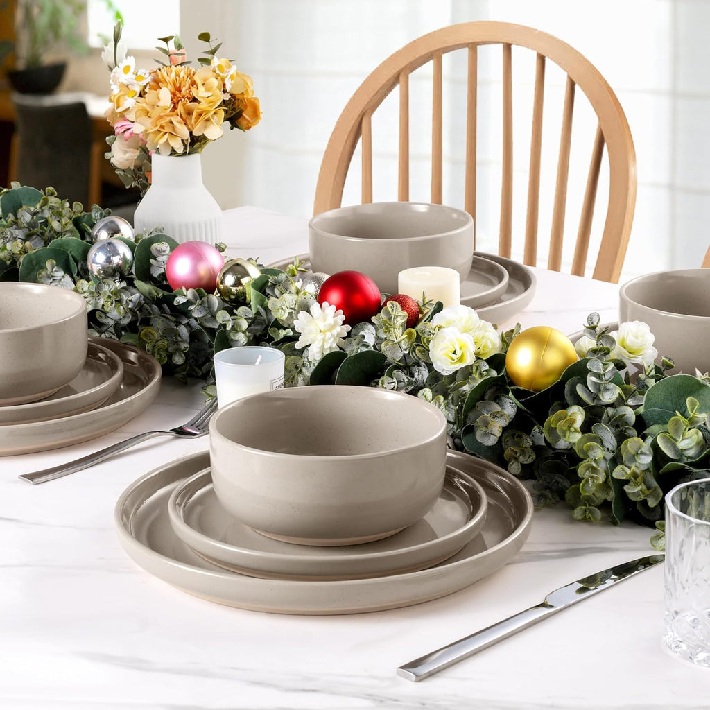 LIANYU Dinnerware Dishes Sets for 8, 24-Piece Stoneware Dinner Set, Ceramic Dining Bowls and Plates Crafted at 2400℉, Scratch Resistant, Microwave & Dishwasher Safe, Milky Brown