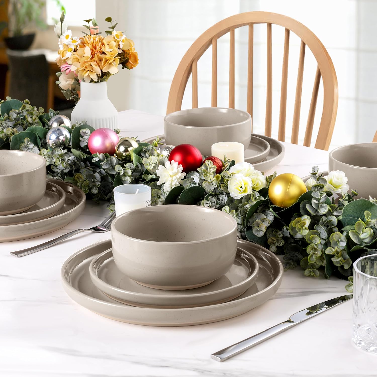 LIANYU Dinnerware Dishes Sets for 8, 24-Piece Stoneware Dinner Set, Ceramic Dining Bowls and Plates Crafted at 2400℉, Scratch Resistant, Microwave & Dishwasher Safe, Milky Brown