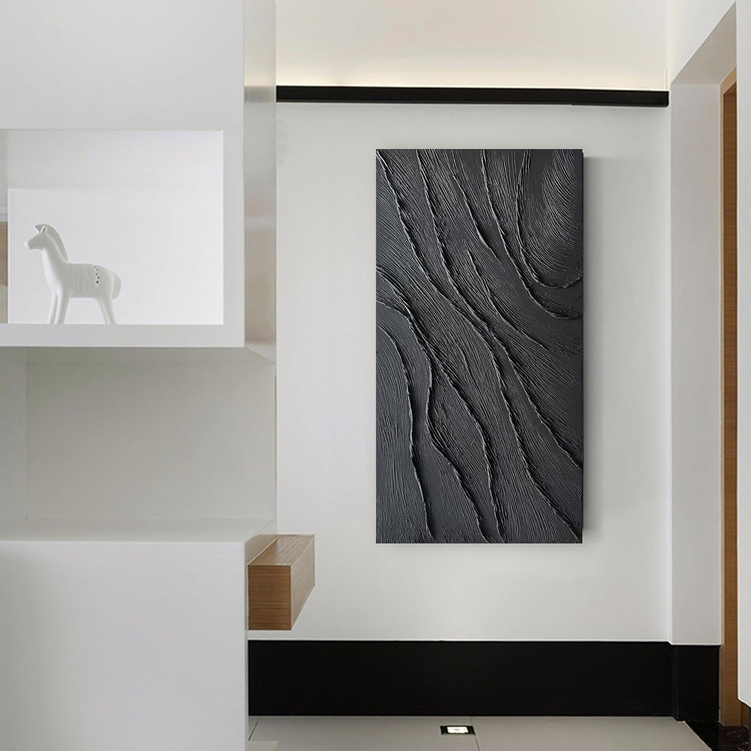 NANKAI Art Thick Texture Black Minimalist Oil Painting, 24x48 Inches, Contemporary Art, Home Office Wall Decoration