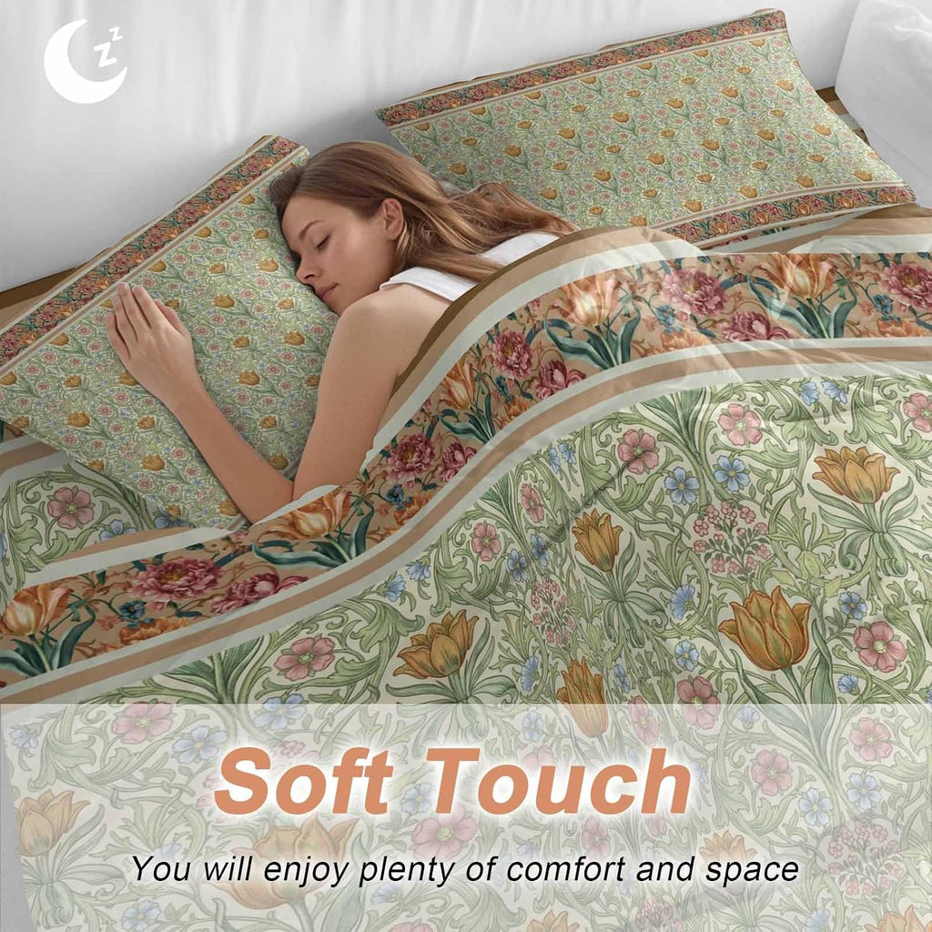 Prime Leader Flowers Duvet Cover Set Queen Size 4 Pieces Ethnic Abstract Yellow Pink Floral Green Leaf Bedding Set with Zipper Closure, 1 Comforter Cover 90x92 Inches 1 Flat Sheet & 2 Pillow Cases