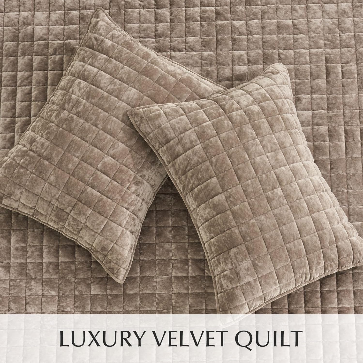 RECYCO Luxury Velvet Quilt Set, California King 118'' x 106'' Oversized Bedspread, Ultra Soft Velvet Comforter, Lightweight Box Stitch Bedding Sets for All Season, with 2 Shams, Natural Tan