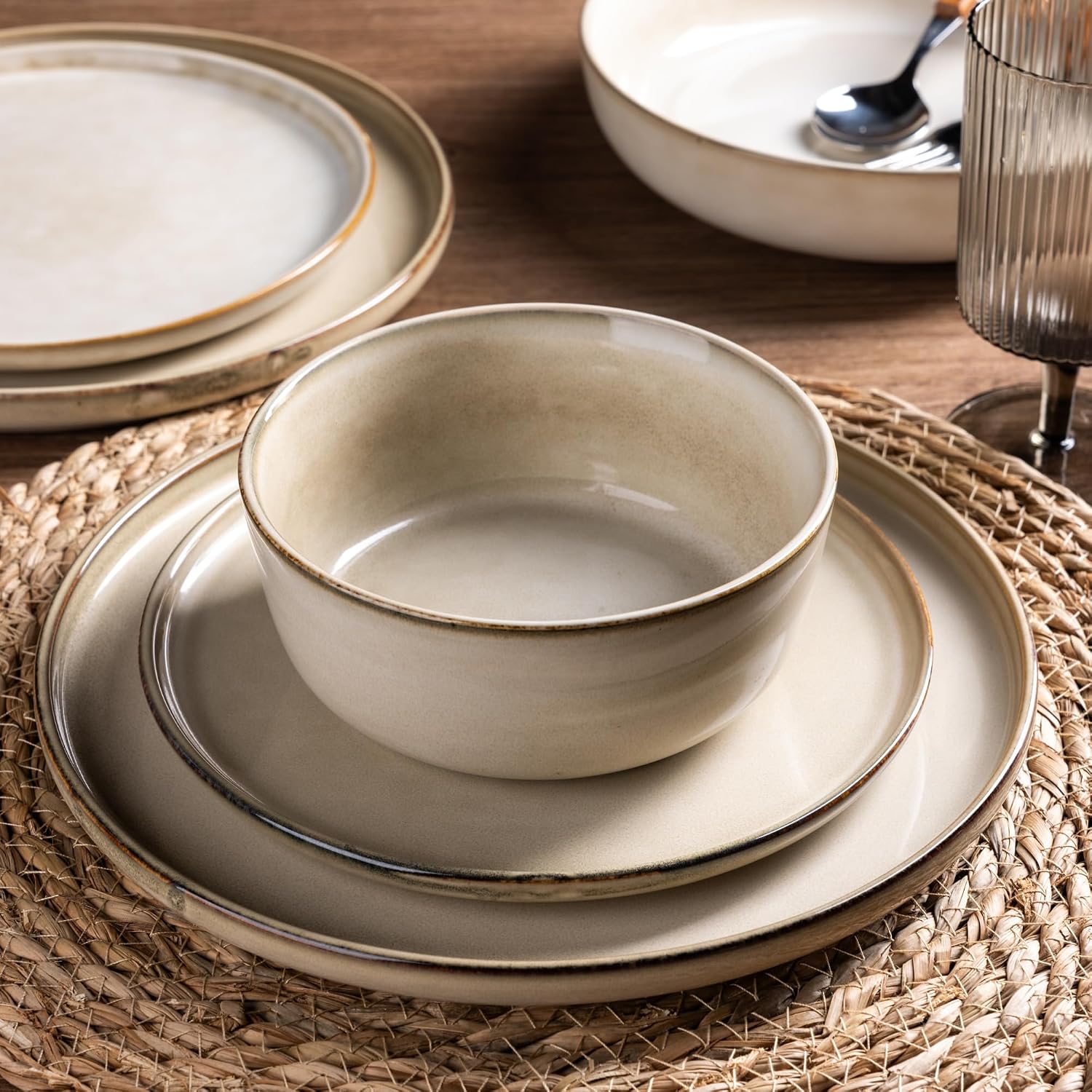 GBHOME 24 Pieces Double Bowls Ceramic Dinnerware Sets for 6, Stoneware Plates and Bowls Set with Reactive Glaze, Scratch Resistant Stoneware Dishes Set, Dishwasher & Microwave Safe
