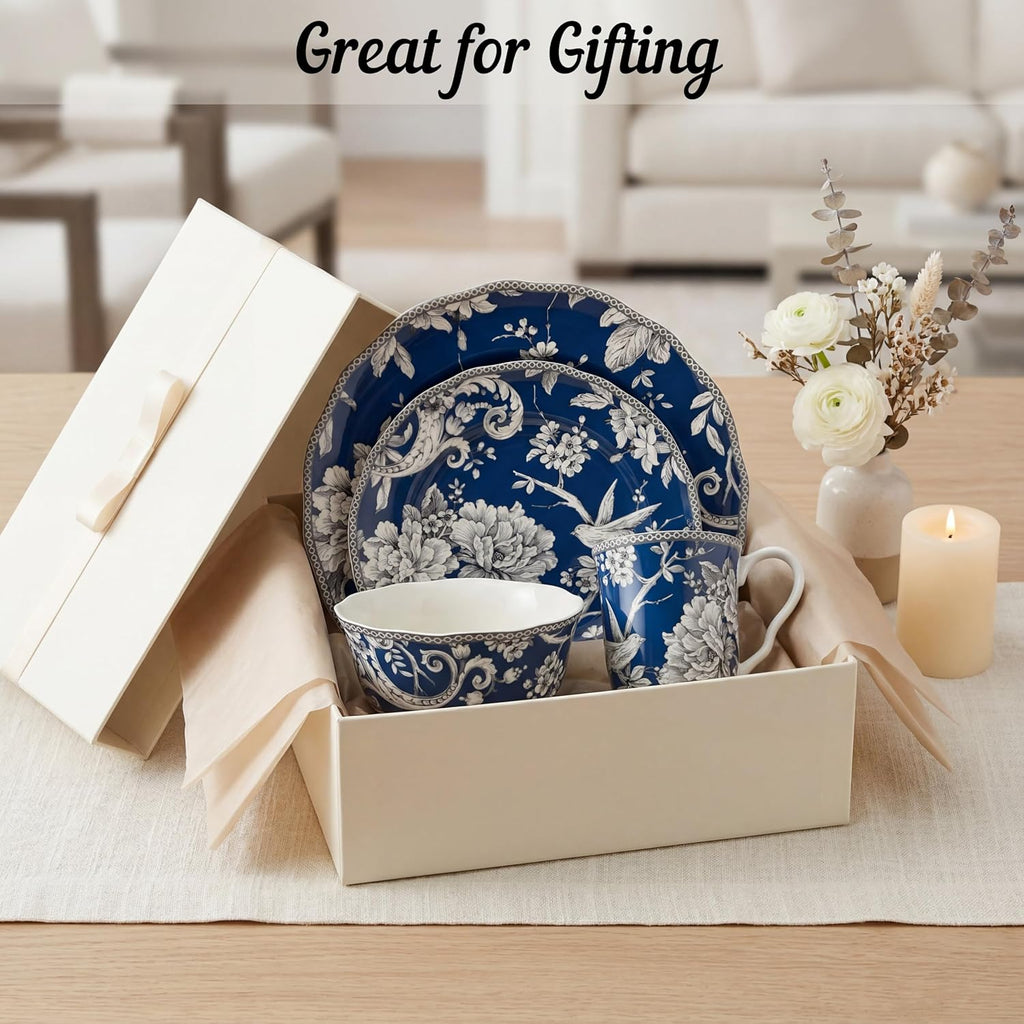 222 Fifth Adelaide 16-Piece Dark Blue Porcelain Dinnerware Set – Service for 4, Plate, Bowl & Mug Set, Bird & Floral Design, Everyday Big Dinner Plates and Bowls Sets, Microwave & Dishwasher Safe