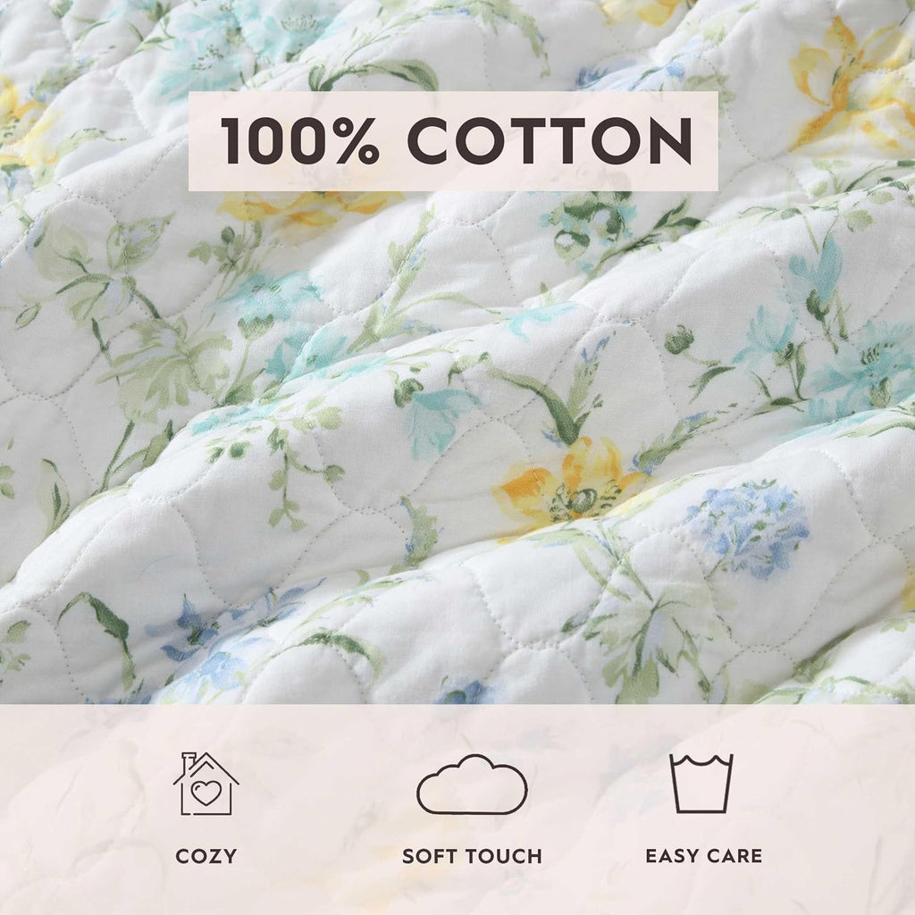 Laura Ashley - King Quilt Set, 100% Soft Cotton Bed Set for Year Round Comfort, 3 Piece Floral Bedding with Matching Pillowcases (Poppy Meadow Blue)