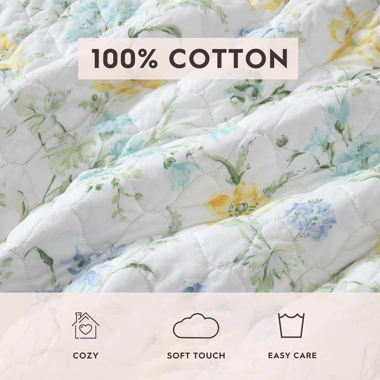 Laura Ashley - King Quilt Set, 100% Soft Cotton Bed Set for Year Round Comfort, 3 Piece Floral Bedding with Matching Pillowcases (Poppy Meadow Blue)