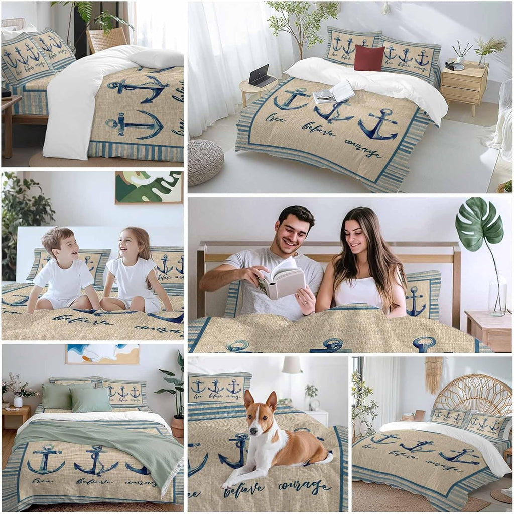 Summer Ocean Duvet Cover Set Queen Size 4 Pieces Blue Stripes Anchor Free Believe Courage Linen Bedding Set with Zipper Closure, 1 Comforter Cover 86x86 Inches 1 Flat Sheet & 2 Pillow Cases