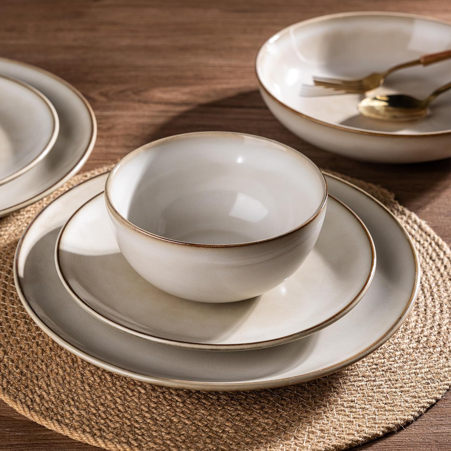 AmorArc Stoneware Dinnerware Sets for 8, 24 Pieces Handpainted Ceramic Plates and Bowls Set, Scratch Resistant Dishes Set, Dishwasher & Microwave Safe, Cappuccino