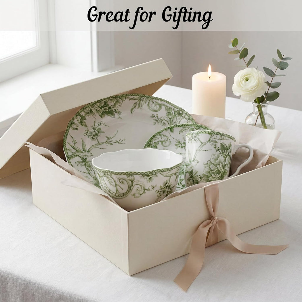 222 Fifth Adelaide Moss 16-Piece Porcelain Dinnerware Set – Service for 4, Big Dinner Plates and Bowls Sets with Mugs, Hand-Applied Decal, Microwave & Dishwasher Safe, for Everyday Entertainment