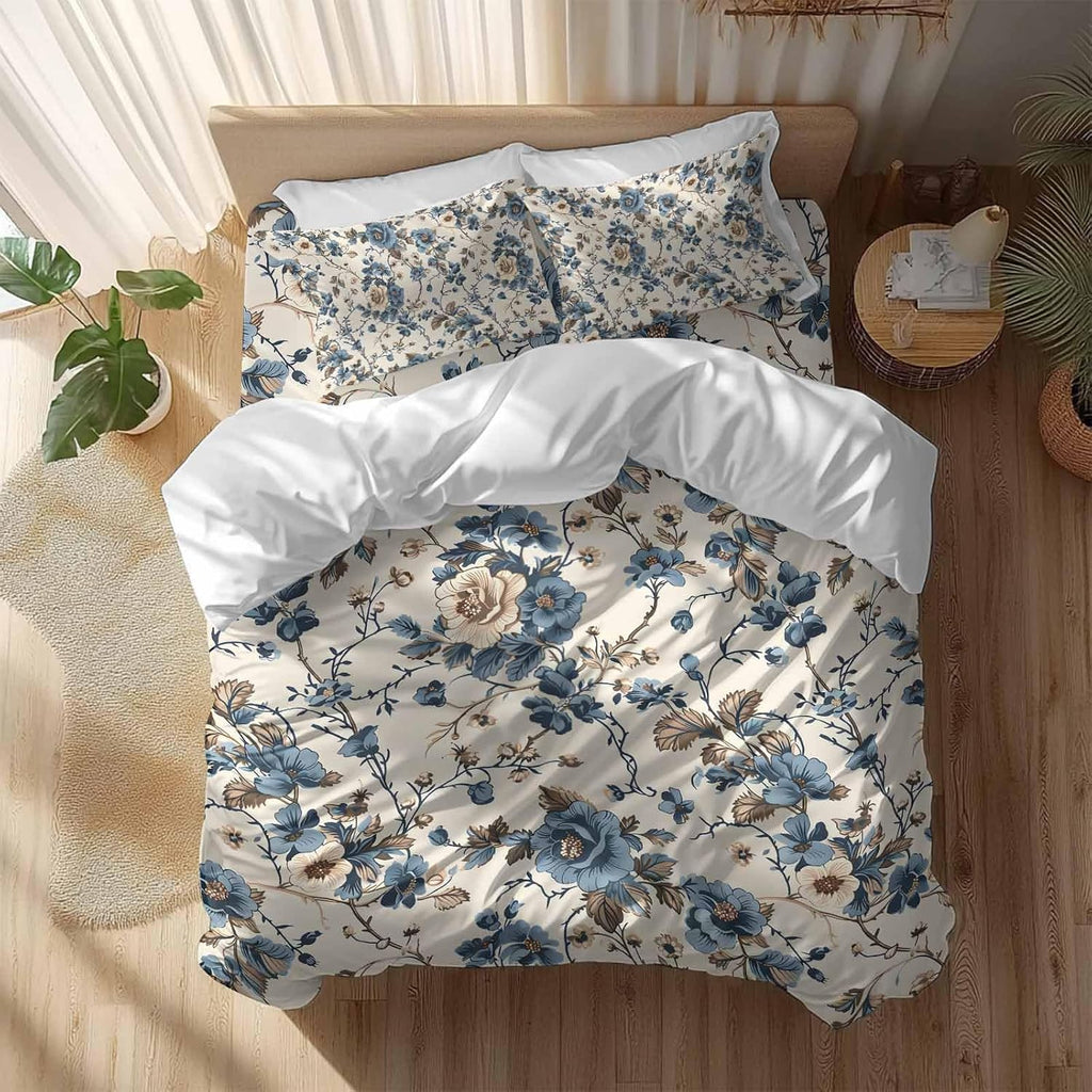Vintage Floral Duvet Cover Set Queen Size 4 Pieces Beige Blue Brown Flowers Rustic Farmhouse Bedding Set with Zipper Closure, 1 Comforter Cover 92x106 Inches 1 Flat Sheet & 2 Pillow Cases