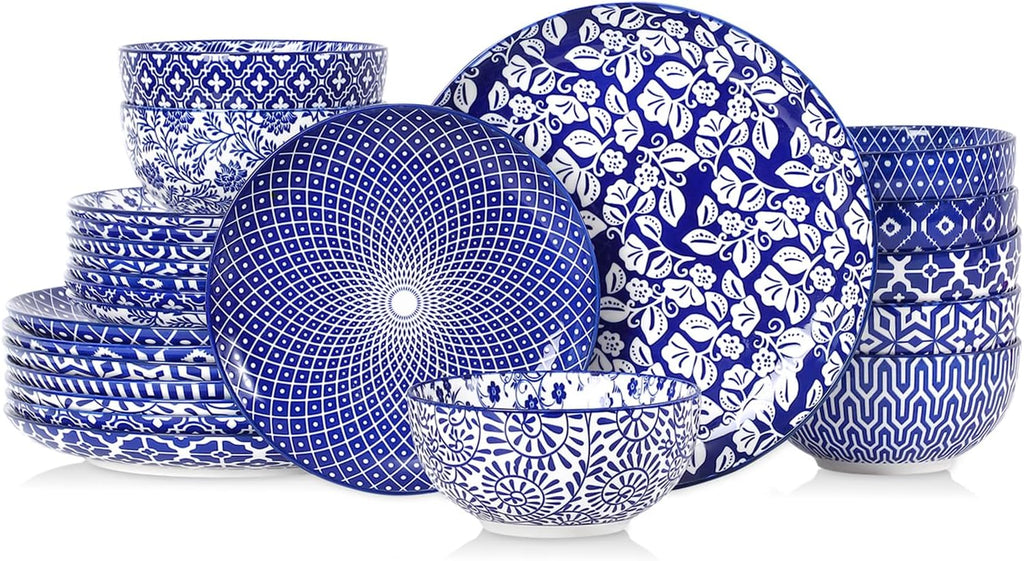 Selamica Ceramic Plates and Bowls Sets,24 Pieces Dinnerware Sets for 8,Scratch Resistant Dish Set for family gathering,Dishwasher & Microwave Safe, Vintage Blue