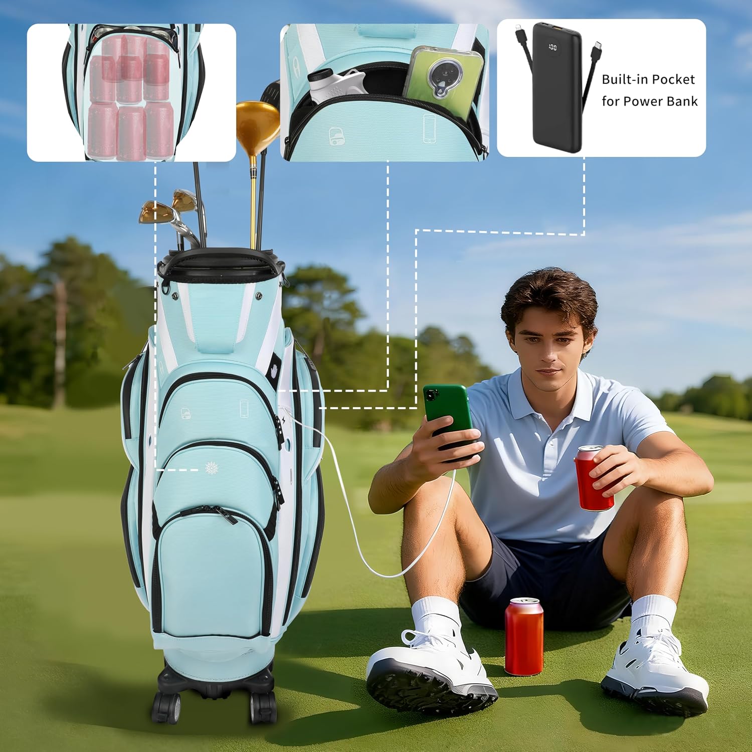 Golf Club Travel Bag with Wheels, Golf Cart and Travel Bag Retractable Cover,Golf Carry Bag for Men and Women, Multiple Storage Pockets, Shoe Compartment, Golf Cart Bag, 4 Colors to Choose from