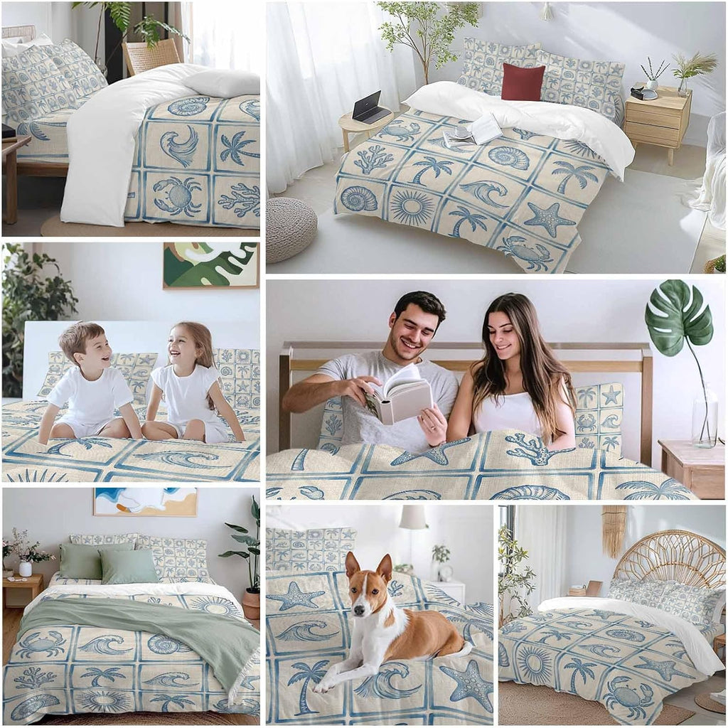Prime Leader Summer Coastal Duvet Cover Set Queen Size 4 Pieces Retro Ocean Waves Shell Crab Coconut Tree Bedding Set with Zipper Closure, 1 Comforter Cover 90x92 Inches 1 Flat Sheet & 2 Pillow Cases