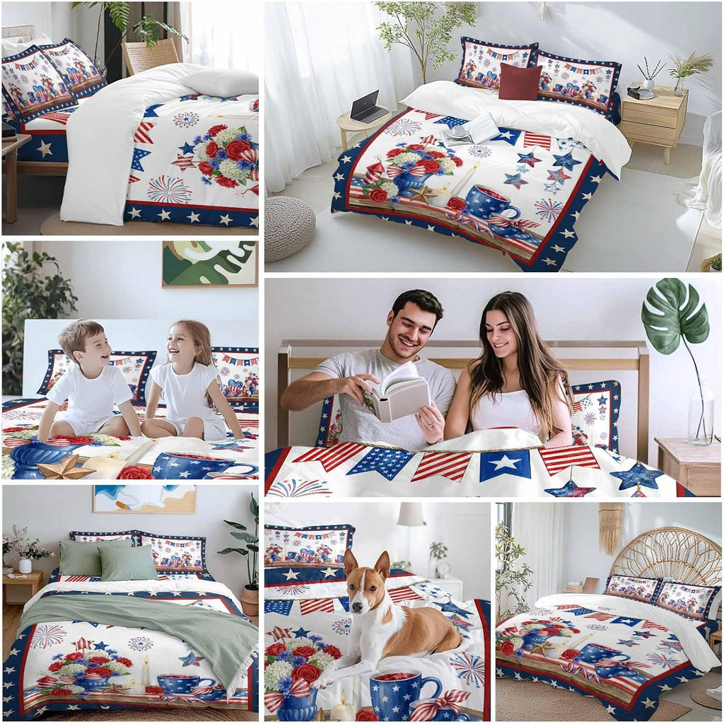 Prime Leader Independence Day Duvet Cover Set Queen Size 4 Pieces Retro Red Blue USA Flag Floral Star Bedding Set with Zipper Closure, 1 Comforter Cover 86x86 Inches 1 Flat Sheet & 2 Pillow Cases