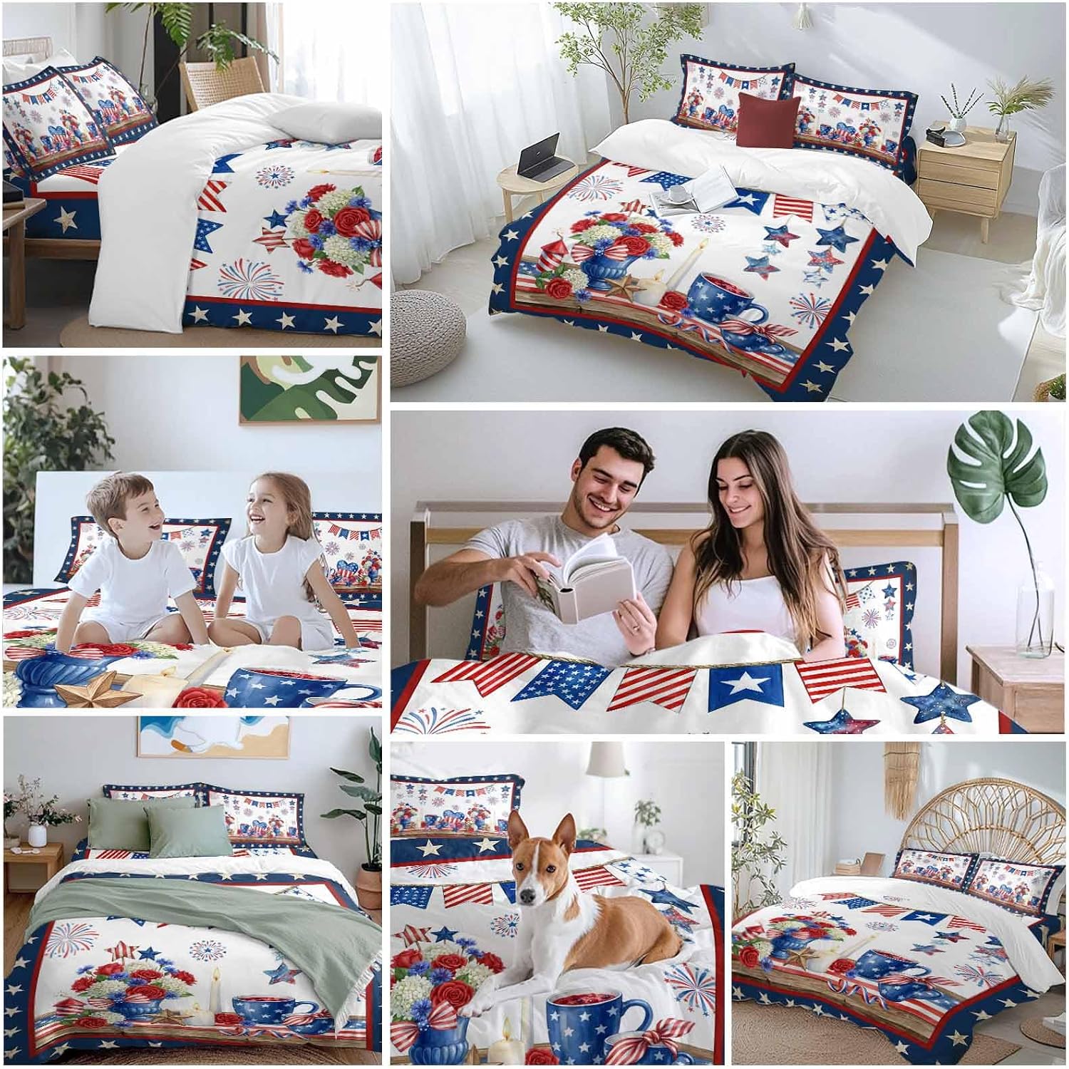 Prime Leader Independence Day Duvet Cover Set Queen Size 4 Pieces Retro Red Blue USA Flag Floral Star Bedding Set with Zipper Closure, 1 Comforter Cover 90x92 Inches 1 Flat Sheet & 2 Pillow Cases