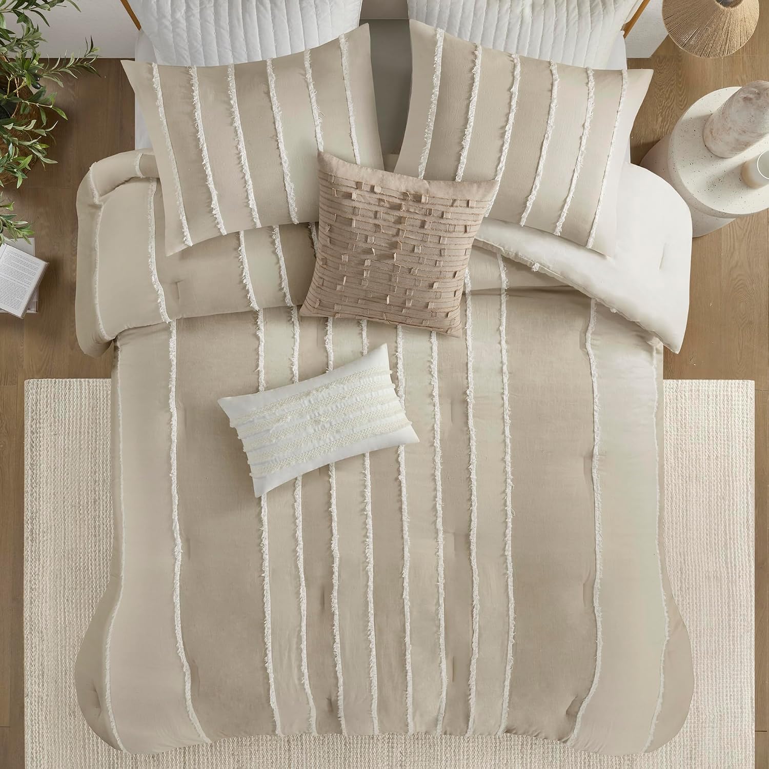 Ink+Ivy King Comforter Set Boho Comforters Stripes, Clipped Jacquard, Cotton Comforter for King Size Bed, All Season Poly Fill Lightweight King Bedding & Shams, Shay, King/Cal King, Taupe 3 Piece