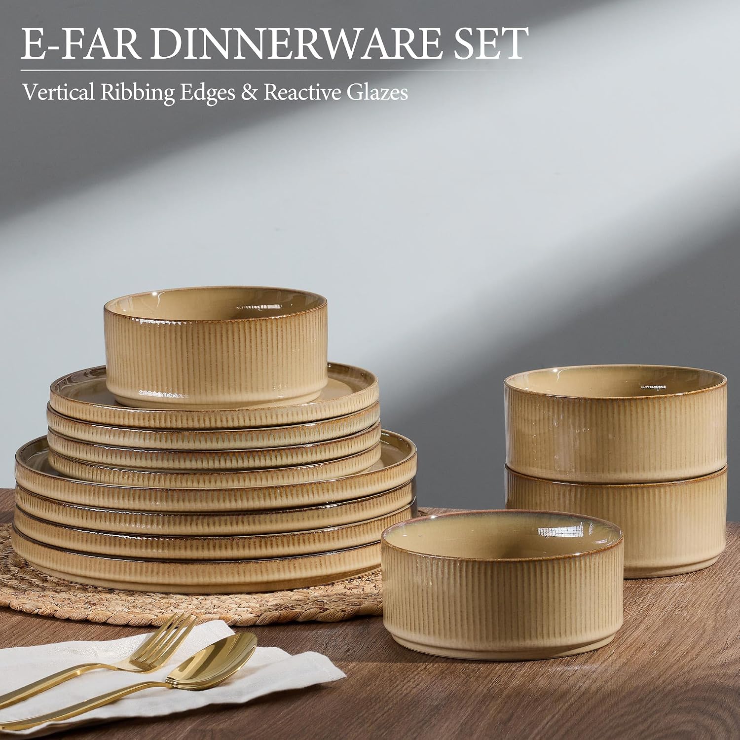 E-far 24-Piece Stoneware Dinnerware Sets, Plates and Bowls Sets for 8, Kitchen Modern Dinning Porcelain Dishes Set, Chip & Scratch Resistant, Dishwasher & Microwave Safe, Caramel Khaki