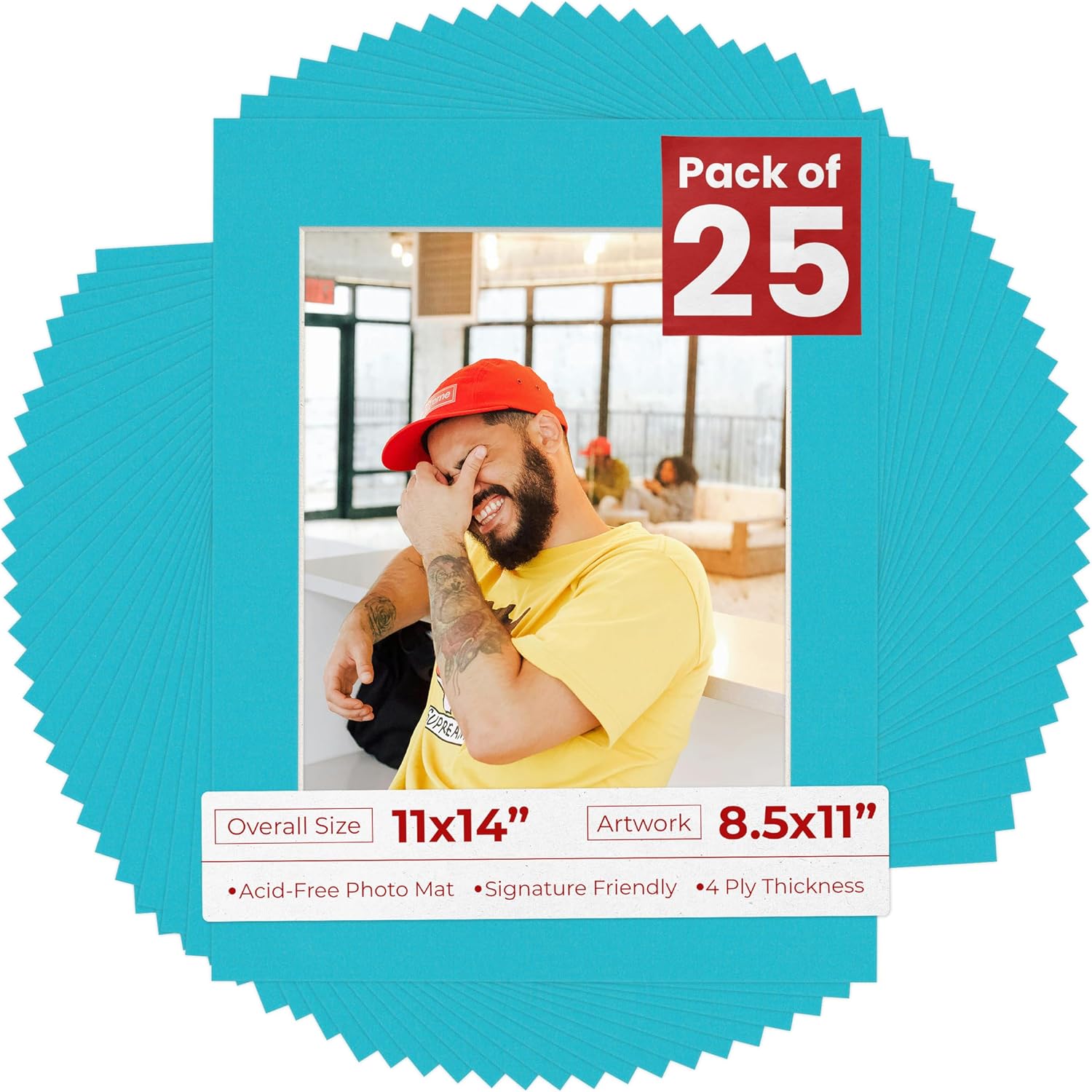 Poster Palooza Pack of 25 Acid Free 11x14 Mats Bevel Cut for 8.5x11 Photos - Aquamarine Blue Precut Matboards For Pictures, Photos, Framing - 4-ply Thickness
