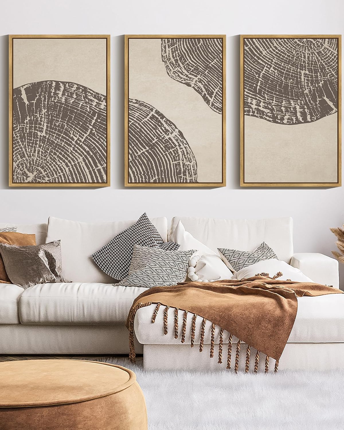 PHOPAGO Farmhouse Vintage Framed Wall Art Large 24x36in Set Gray Wood Tree Ring Spirals Nature Abstract Drawings Rustic Modern Art Decor for Living Room Bedroom - Natural Framed
