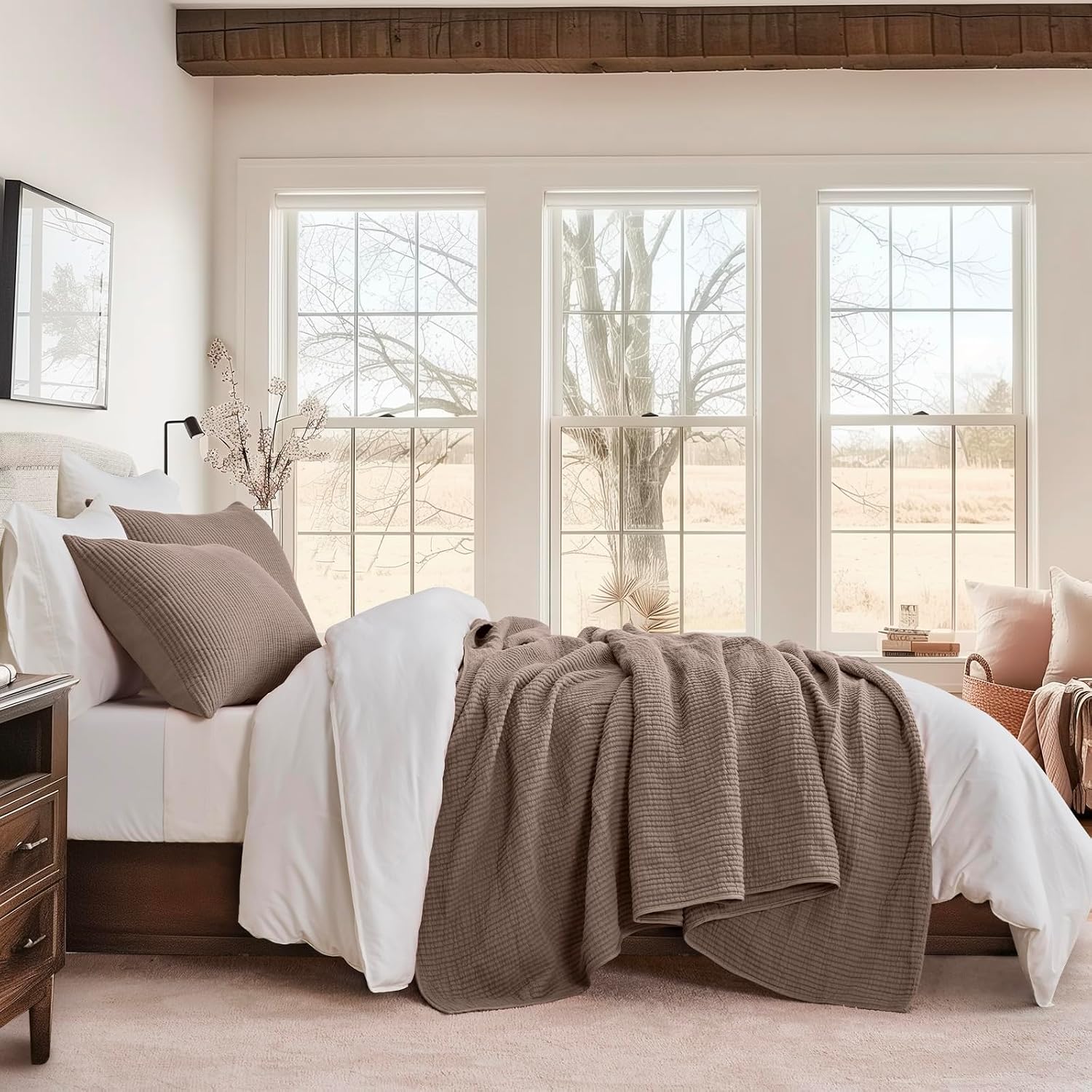 EVERGRACEHOME Cotton Coverlet Set King Size 3 Pieces, Lightweight Soft Ribbed Matelassé Bedspread Quilt Set, Cozy Oversized Quilted Bedding Set with 2 Pillow Shams for All Seasons, Mocha Brown