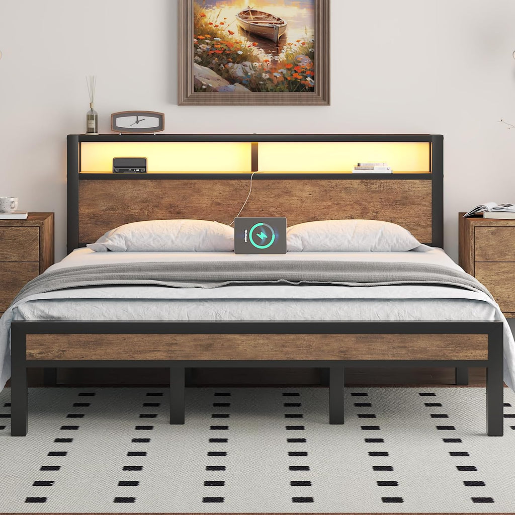 LOEWAY King Size Platform Bed with 2-Tier Storage Headboard, Metal Bed Frame with Charging Station & LED Light, Heavy Duty Metal Slats, No Box Spring Need, Noise Free, Rustic Brown