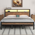 LOEWAY King Size Platform Bed with 2-Tier Storage Headboard, Metal Bed Frame with Charging Station & LED Light, Heavy Duty Metal Slats, No Box Spring Need, Noise Free, Rustic Brown