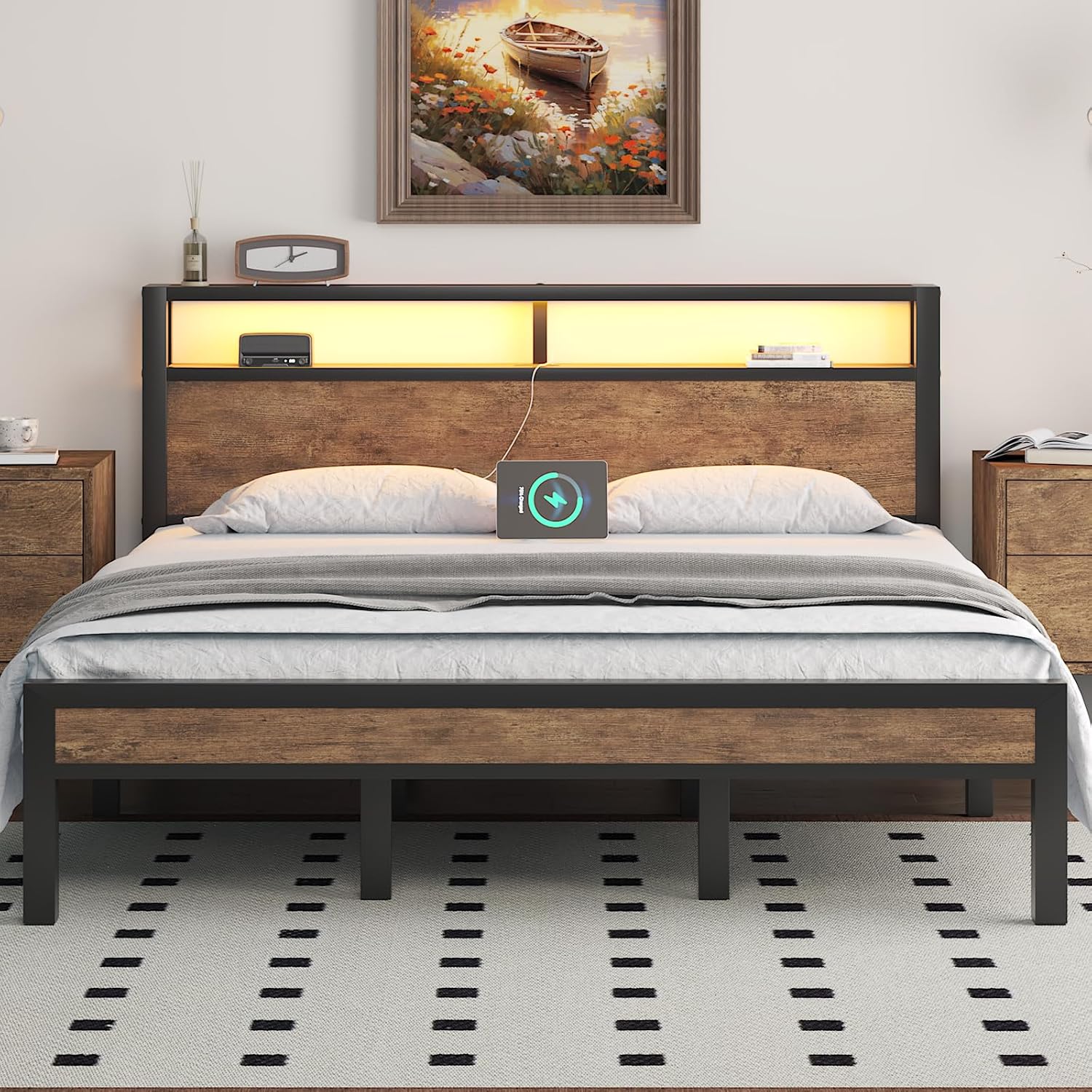LOEWAY King Size Platform Bed with 2-Tier Storage Headboard, Metal Bed Frame with Charging Station & LED Light, Heavy Duty Metal Slats, No Box Spring Need, Noise Free, Rustic Brown