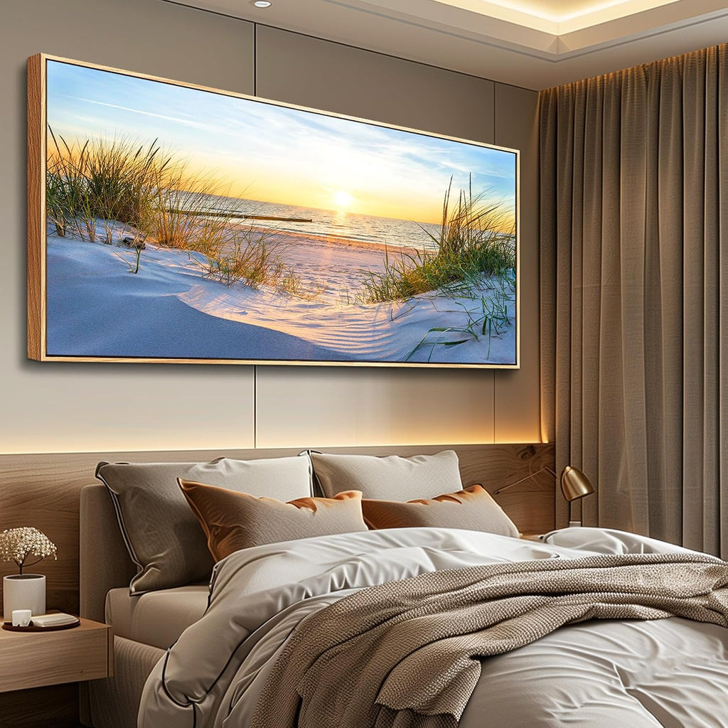 MHARTK66 Large Wall Art For Living Room Wall Decor For Office Ocean Painting Bedroom Wall Decorations Sunrise And Sunset Pictures Artwork For Modern Wood Framed Beach Canvas Prints Poster 72l X 32w