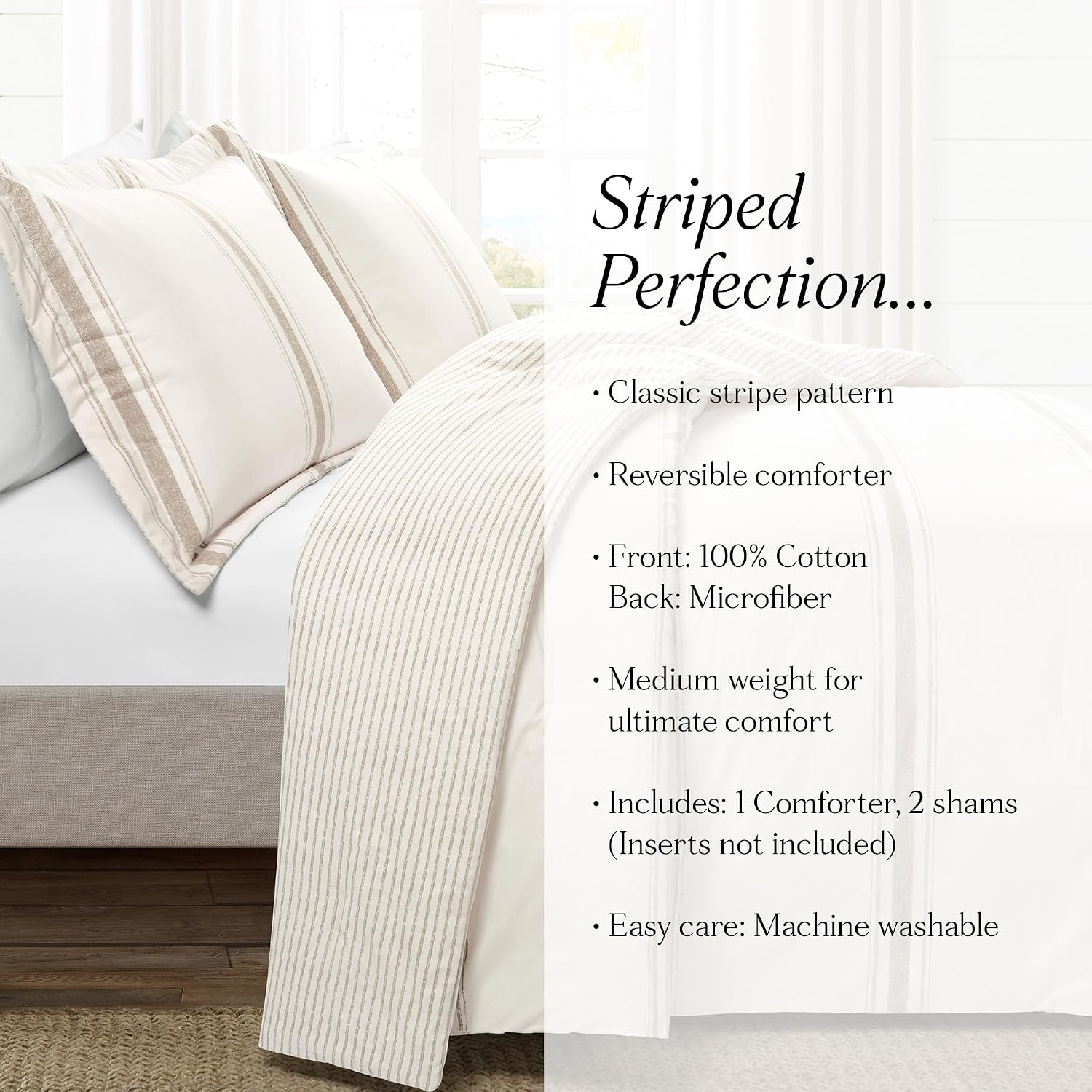 Lush Decor Farmhouse Stripe Reversible Cotton Comforter Set, 3 Piece Set, Full/ Queen, Neutral - Cozy Farmhouse Bedding Set - Rustic Decor - Striped Comforter - Modern Farmhouse Bedroom Decor