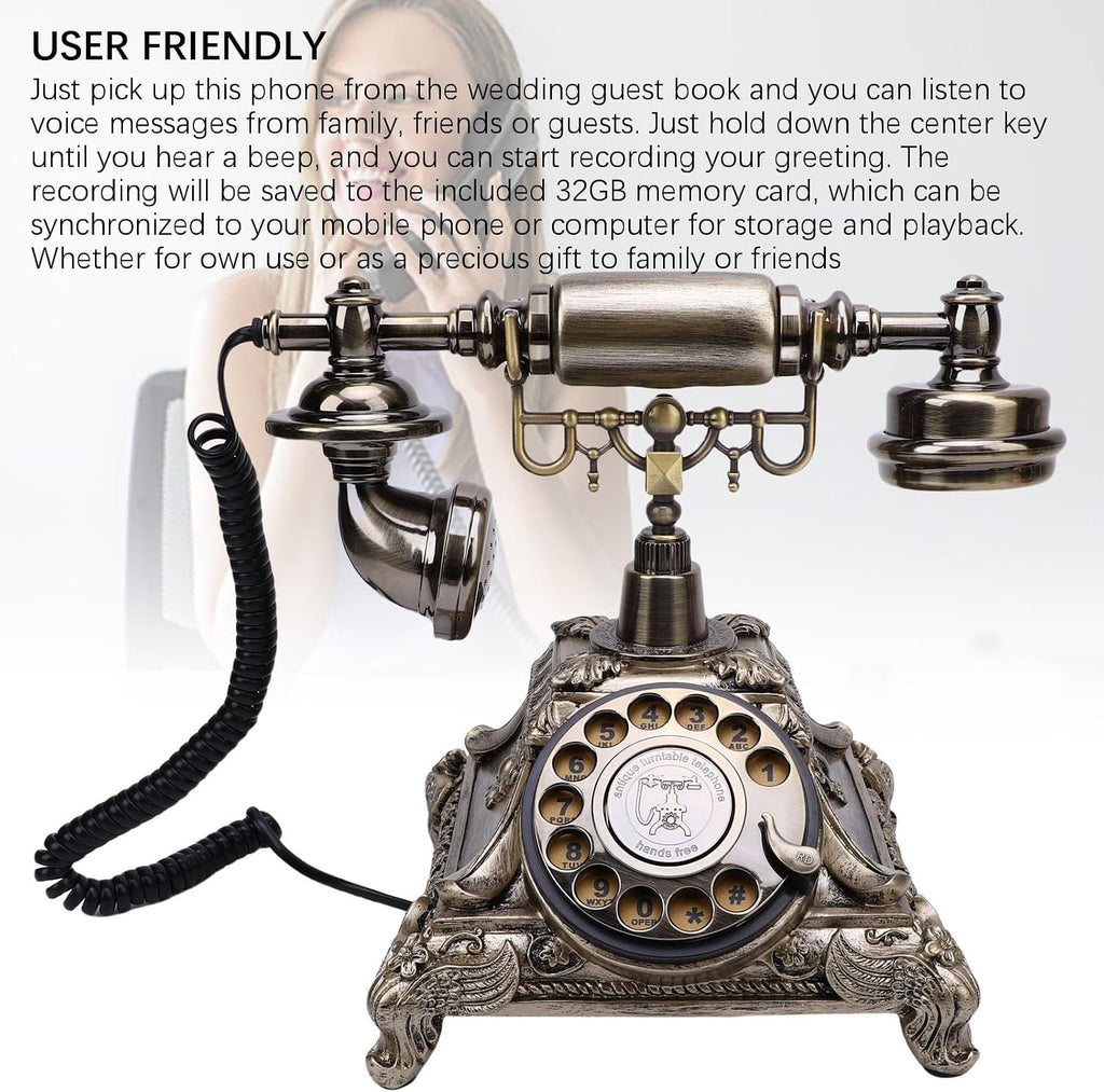 Audio Guestbook Phone for Wedding Party Vintage Retro Telephone Voice Message Recorder with 32GB Card Rechargeable Birthday Anniversary Event (Antique Brass Color)