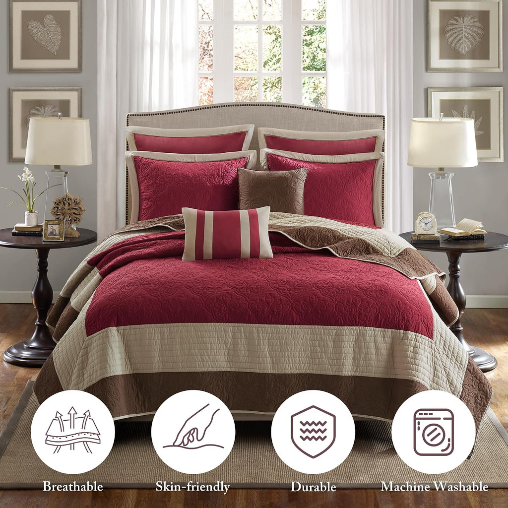 Madison Park Attingham Reversible Quilt Set - All Season Breathable Coverlet, Lightweight Cozy Bedding Layers, Matching Shams, King/Cal King (104'x94'), Red 7 Piece