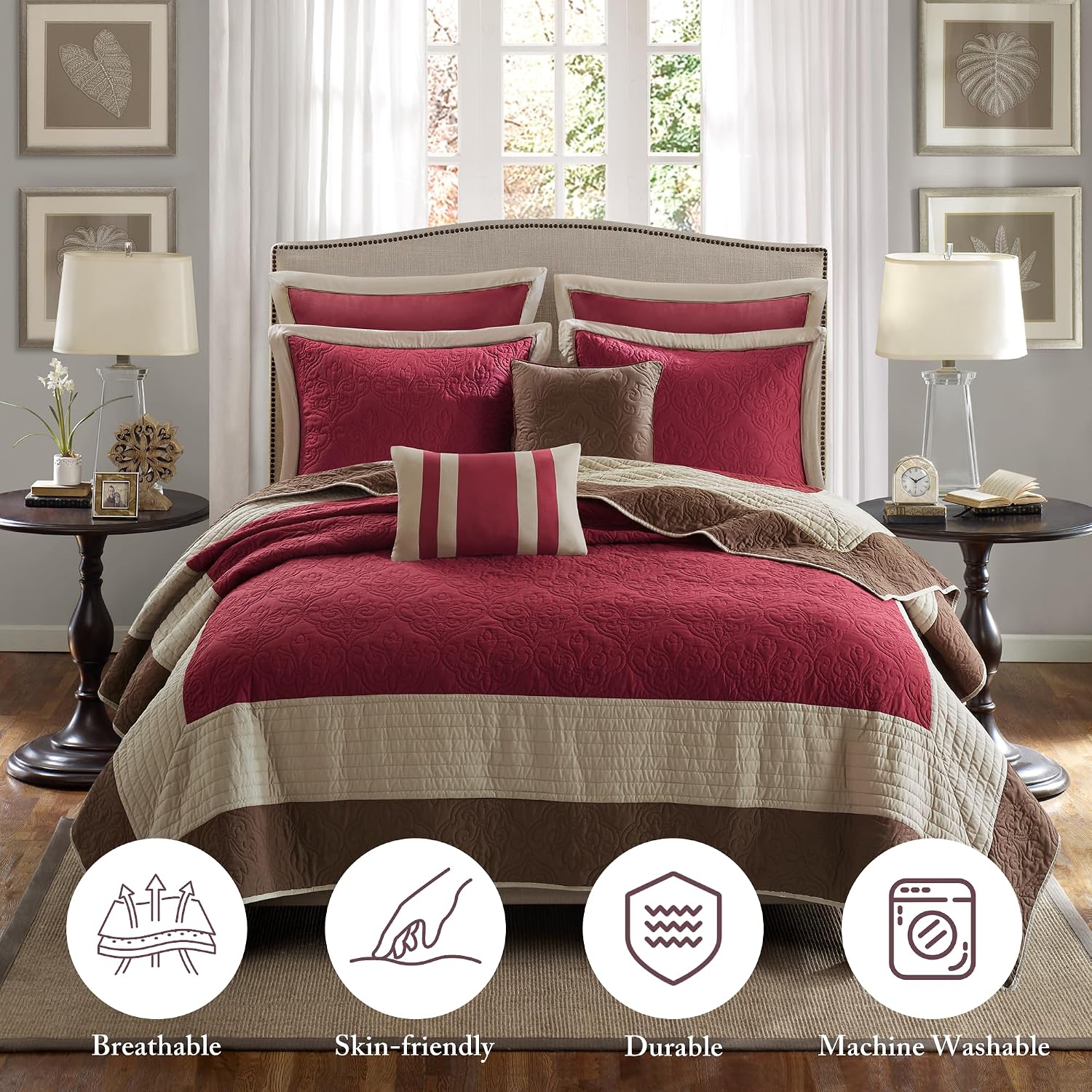 Madison Park Attingham Reversible Quilt Set - All Season Breathable Coverlet, Lightweight Cozy Bedding Layers, Matching Shams, King/Cal King (104'x94'), Red 7 Piece
