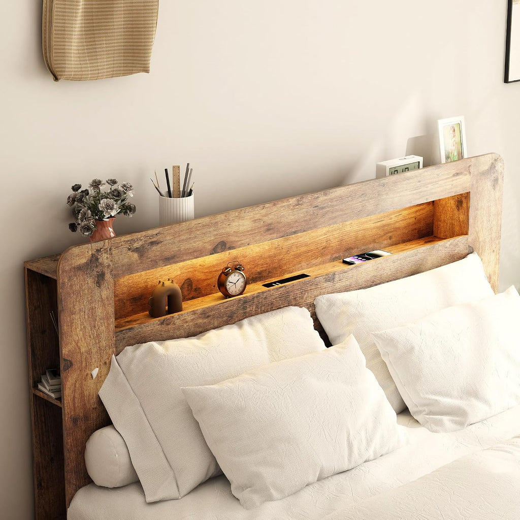 Bellemave Rustic Vintage King Size Bed Frame with Bookshelves,Storage Headboard and Charging Station,Wooden Platform Bed Frame King Size with LED Lights and Wood Slats,Easy Assembly,Dark Brown