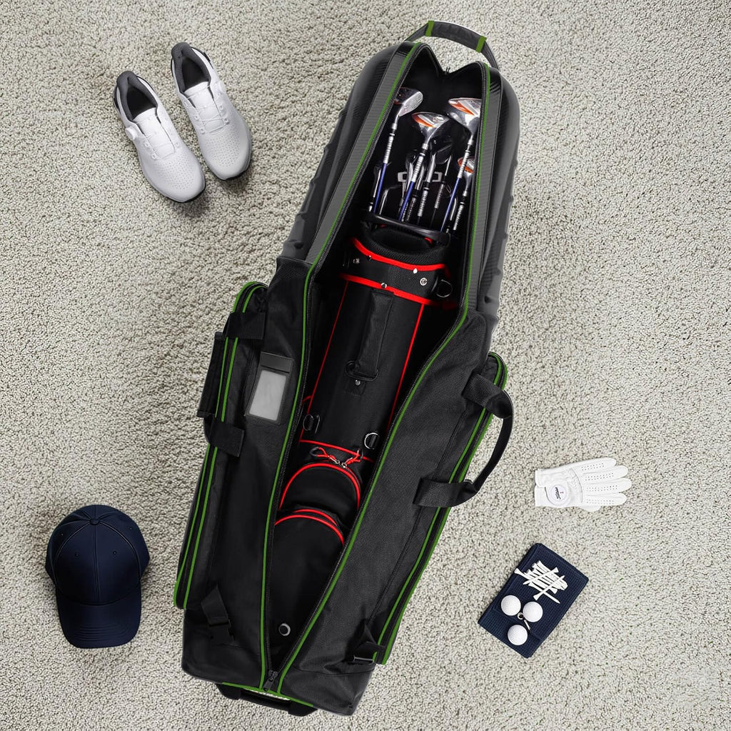Golf Travel Bags for Airlines with Carbon Fiber Hard Top, Protective Club Traveling Cover with Wheel, Golf Club Carrier Case for Airplanes, Thick Padding, Durable Zippers and 2 Sided Spacious Pockets